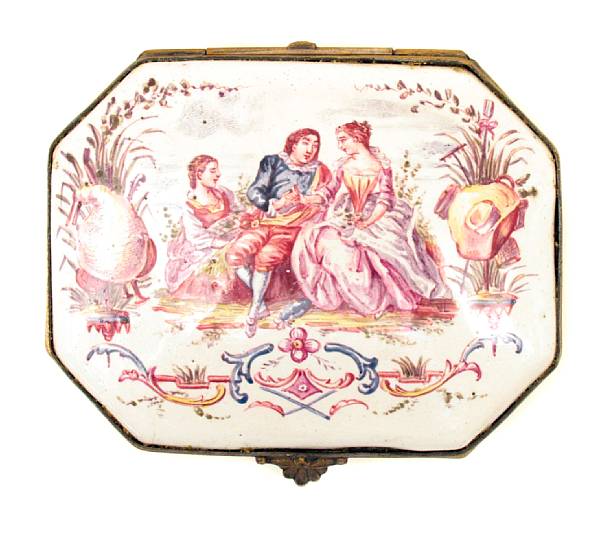 Appraisal: A French enamel and gilt metal mounted snuff box painted