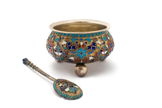 Appraisal: A Russian cloisonne enameled salt of circular form raised on