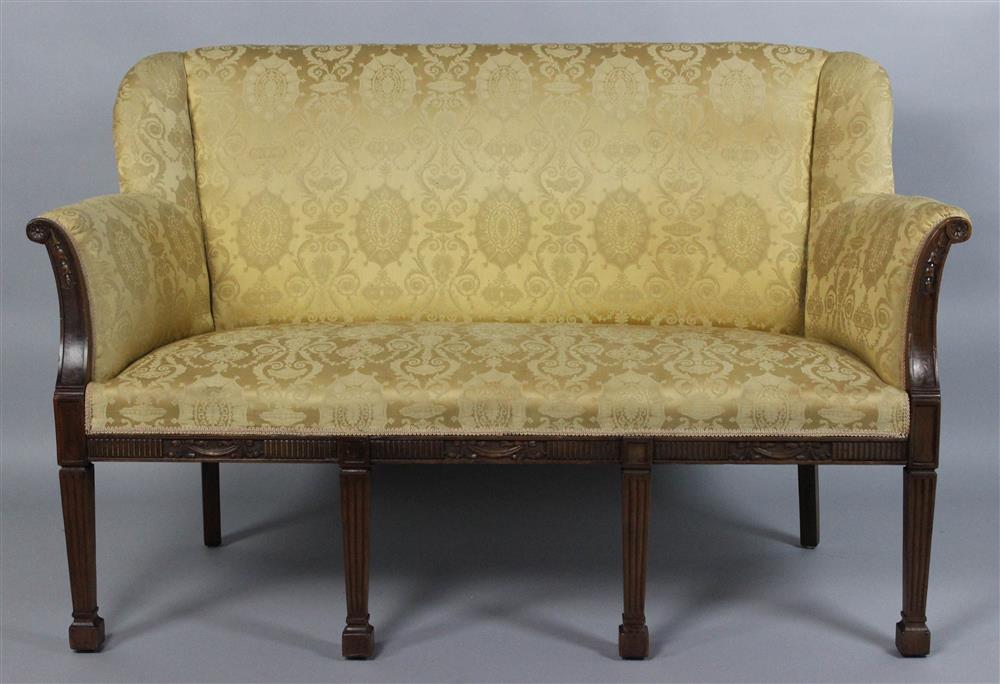 Appraisal: ADAM STYLE CARVED SETTEE WITH DAMASK UPHOLSTERY the straight crest