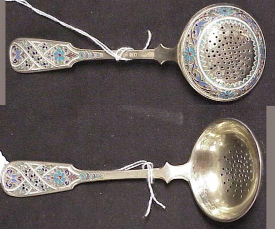 Appraisal: Russian silver enameled spoon pierced ovoid bowl '' l