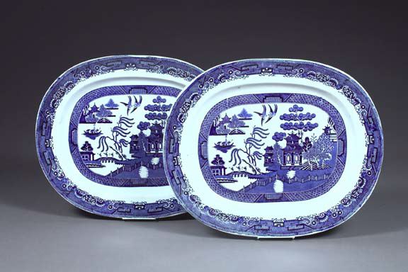 Appraisal: Large and Rare Pair of Staffordshire Blue Willow Pottery Roasted