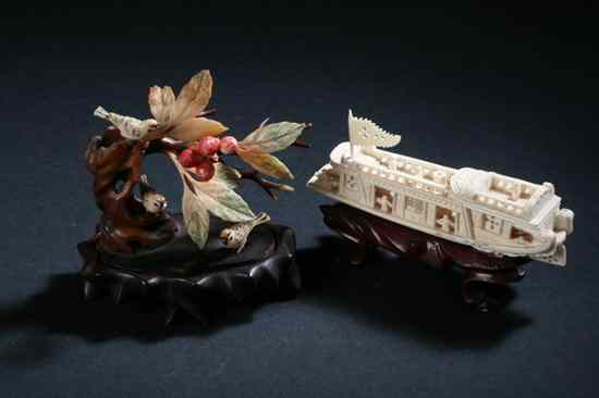 Appraisal: CHINESE IVORY MODEL OF BOAT Together with birds perched on