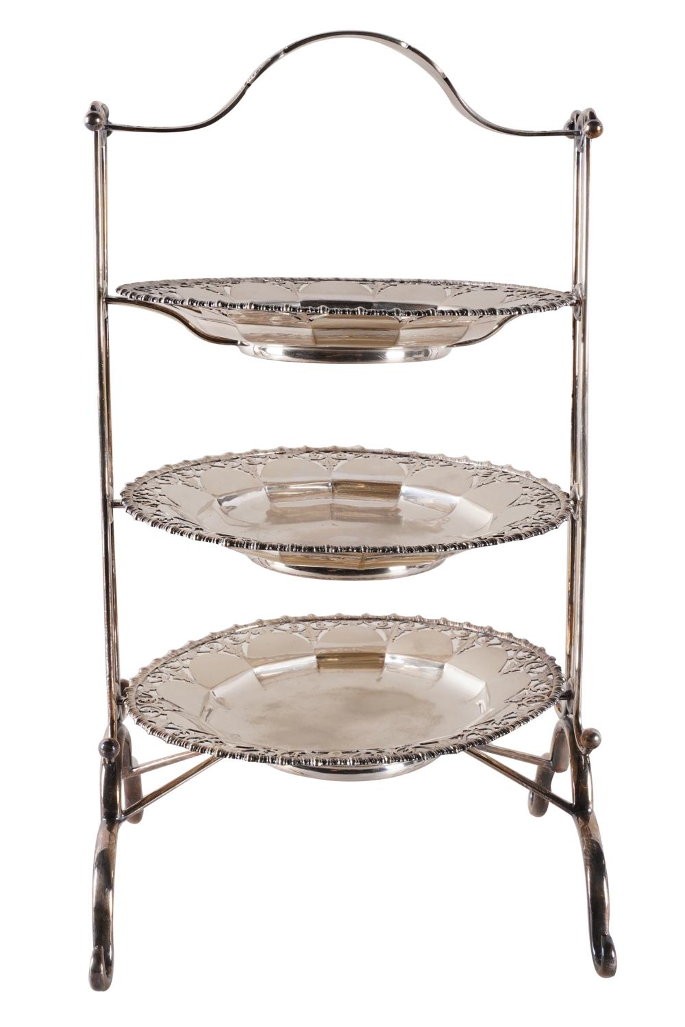 Appraisal: ENGLISH SILVERPLATE THREE- TIER PASTRY STANDDaniel and Arter Birmingham the