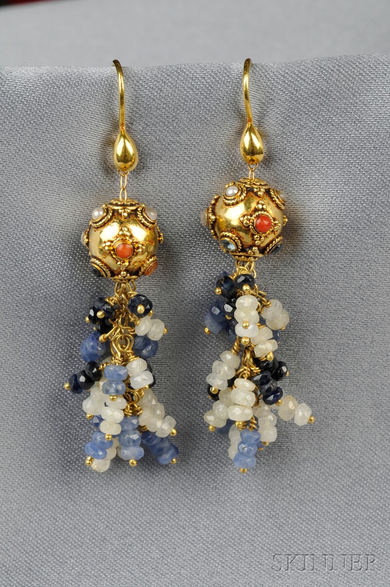 Appraisal: kt Gold Gem-set Earpendants designed as gem-set balls with applied