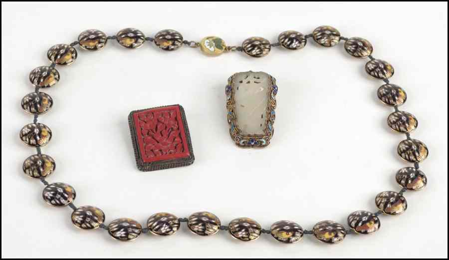 Appraisal: CHINESE SILVER JADE AND ENAMEL BROOCH Together with a cinnabar