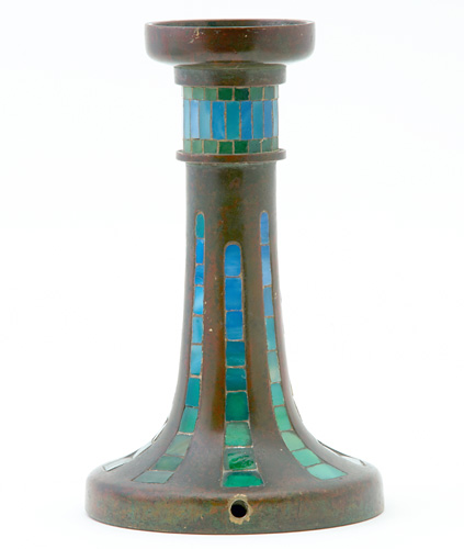 Appraisal: TIFFANY STUDIOS Rare bronze candlestick inlaid with glass mosaic Fine