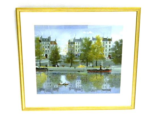 Appraisal: Michel Delacroix French - lithograph view of urban French river