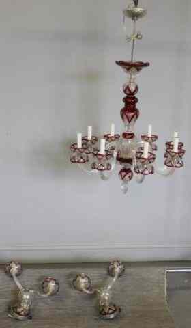 Appraisal: Bohemian Ruby Cut to Clear Chandelier withTwo Matching Sconces From