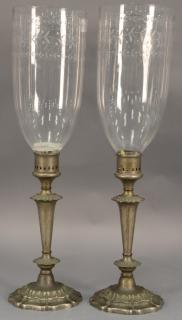 Appraisal: Pair of Sheffield candlesticks with hurricane etched glass shades ht