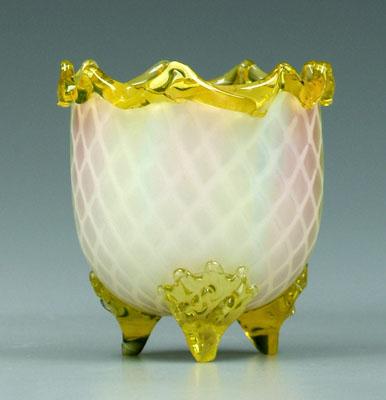 Appraisal: Rainbow mother-of-pearl vase diamond quilted satin glass rim and feet