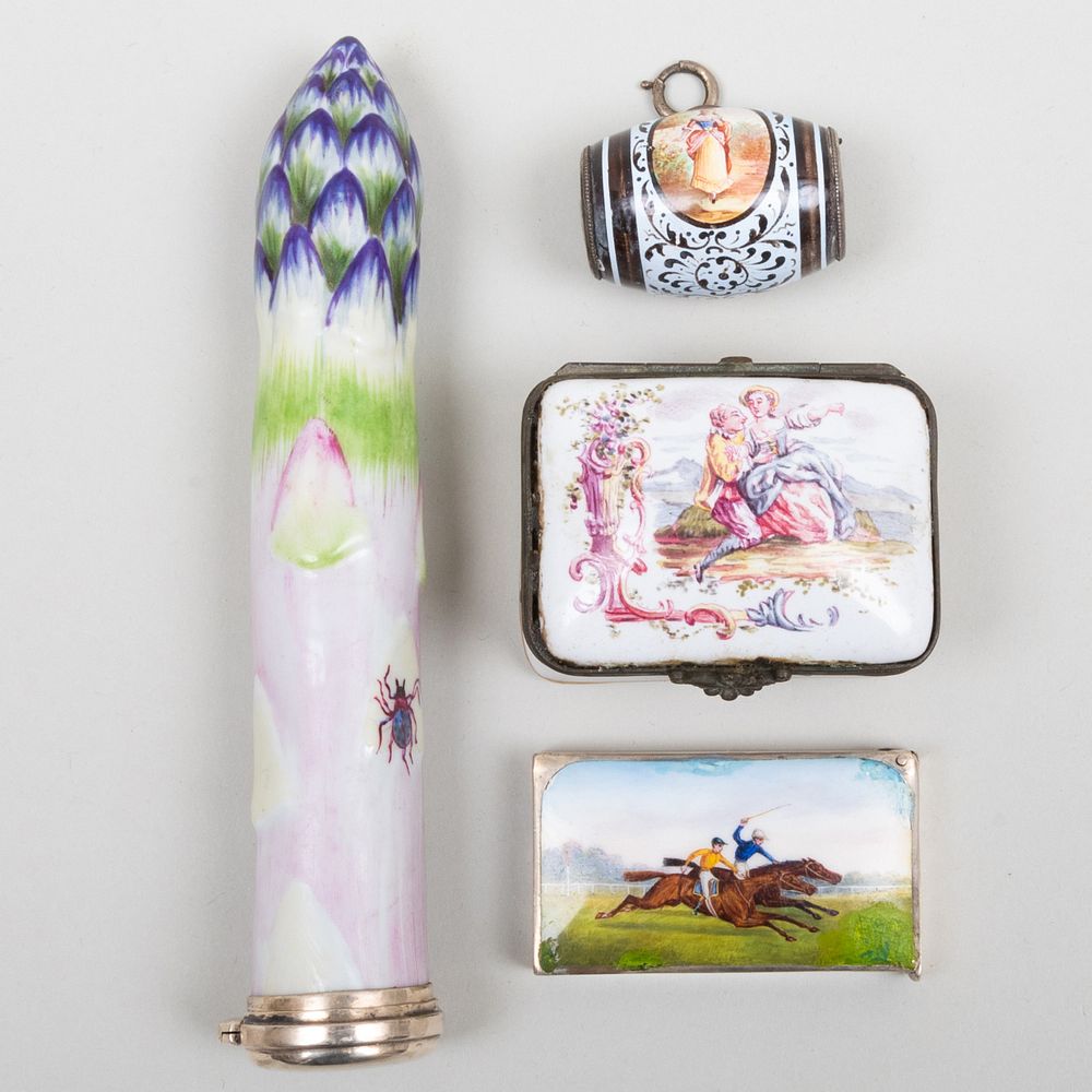 Appraisal: Group of Four Enameled Articles Comprising A silver-mounted porcelain asparagus