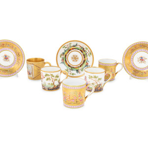 Appraisal: A Group of French Painted Porcelain Coffee Cups and Saucers