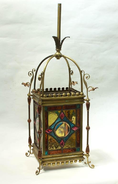 Appraisal: EDWARDIAN BRASS COPPER AND LEADED GLASS HANGING LANTERN of square