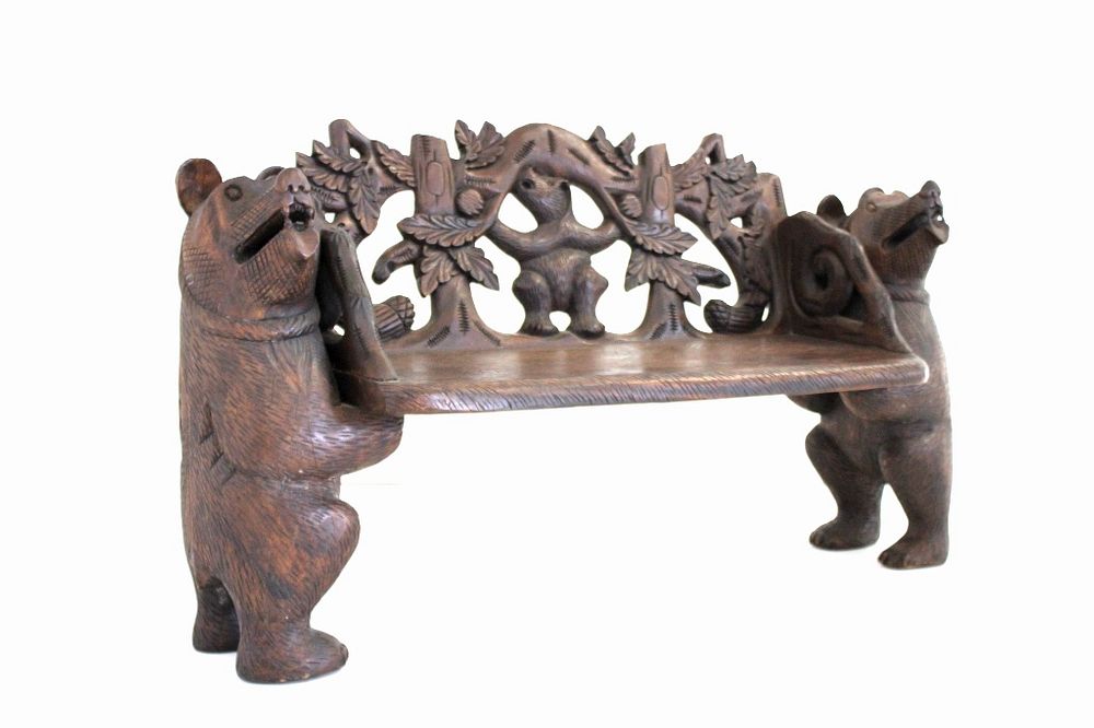 Appraisal: Hand Carved Walnut Bear Bench c Mid 's For your