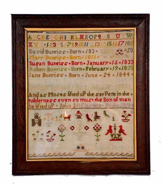 Appraisal: A TH CENTURY FAMILY NEEDLEWORK SAMPLER with inscription from the