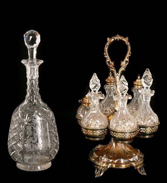 Appraisal: A pressed glass and metal mounted cruet set and pickle