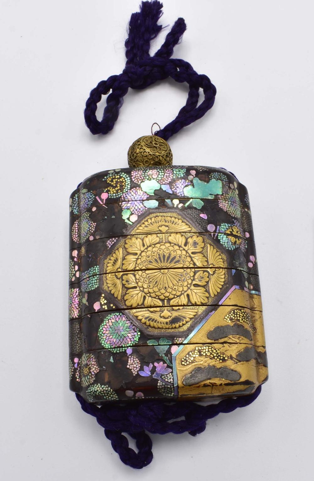 Appraisal: FINE JAPANESE MOTHER-OF-PEARL GILT LACQUER INROMeiji Period With five compartments