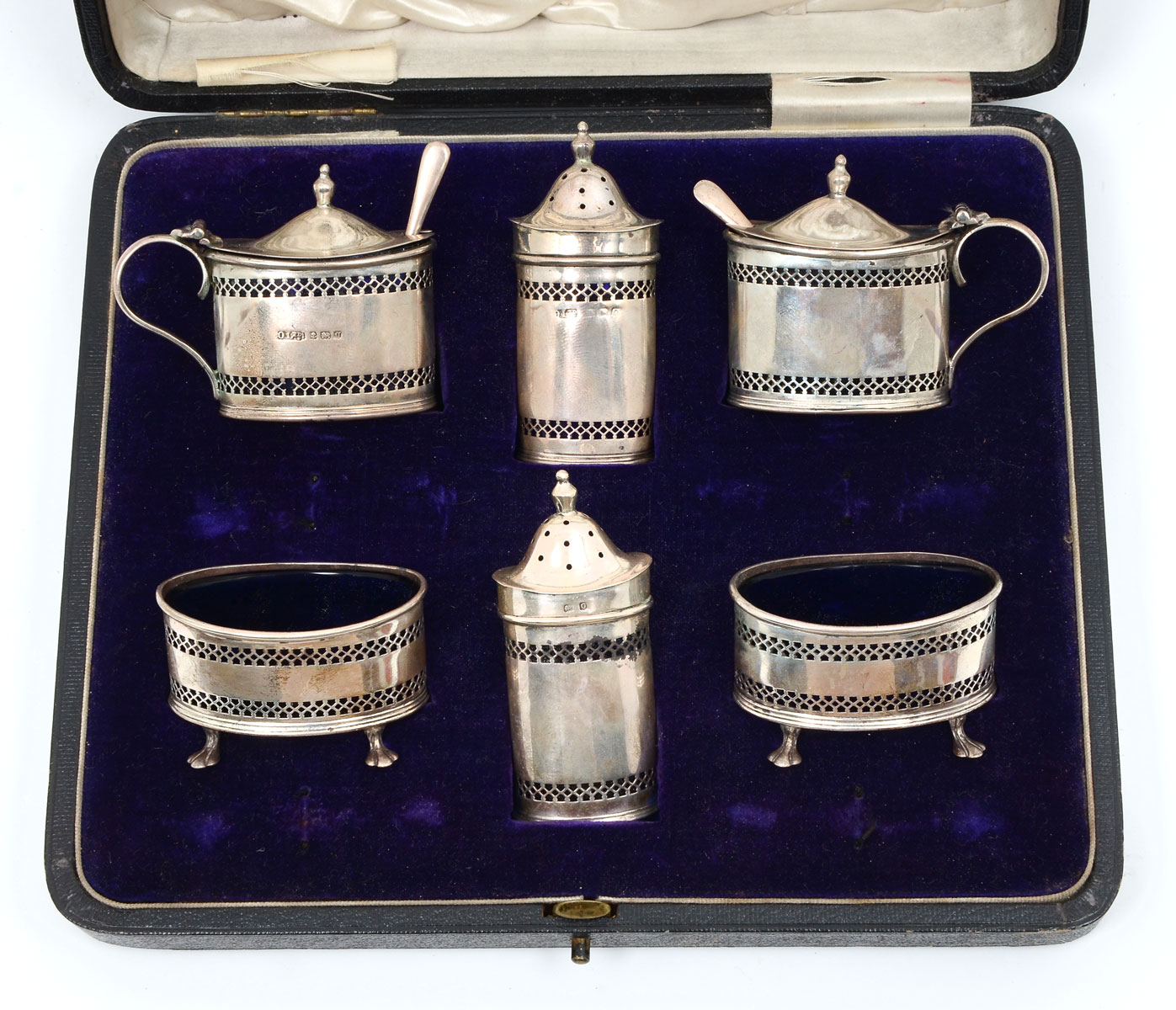 Appraisal: OLDFIELDS STERLING COBALT CONDIMENT SET Approx Troy ounces Sterling Comprising