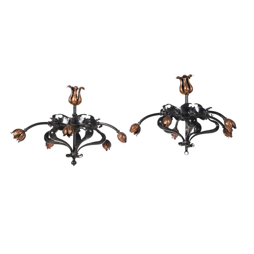 Appraisal: ENGLISH PAIR OF ARTS CRAFTS CEILING LIGHTS CIRCA wrought iron