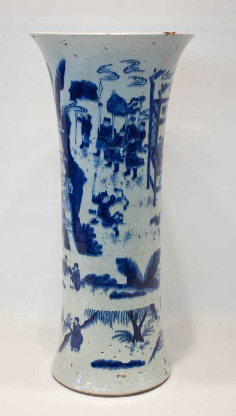 Appraisal: CHINESE BLUE AND WHITE PORCELAIN VASE gu form having figures