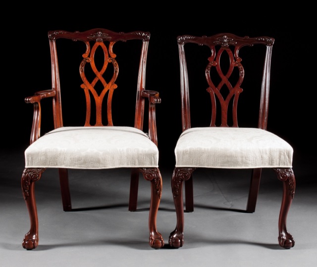 Appraisal: Eight Kindel Chippendale style mahogany chairs serpentine seat upholstered over