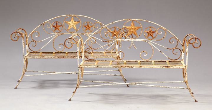 Appraisal: Pair of Wrought-Iron Garden Benches each with a domed crest