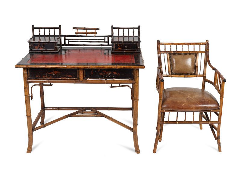 Appraisal: A Victorian Aesthetic Bamboo Desk and Chair Height of desk