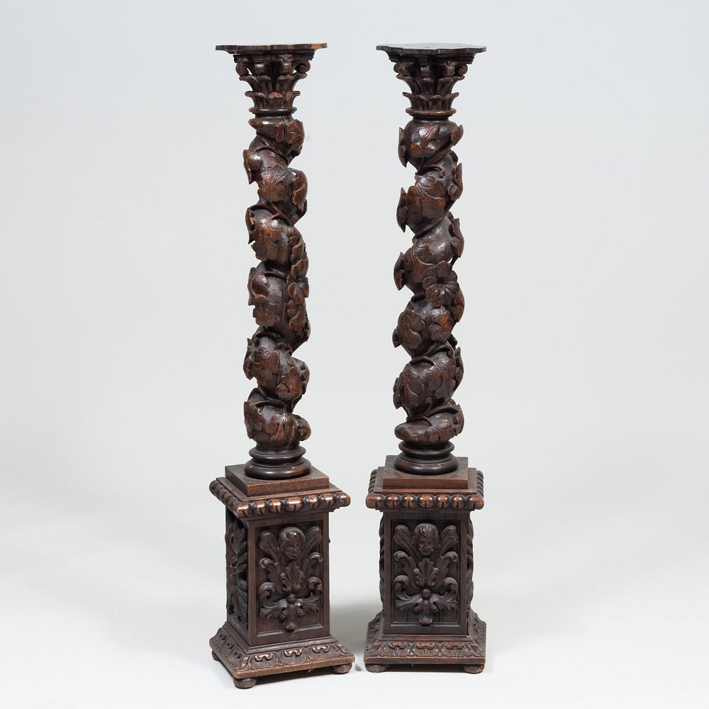 Appraisal: Pair of Renaissance Revival Carved Oak Columns Formerly an architectural