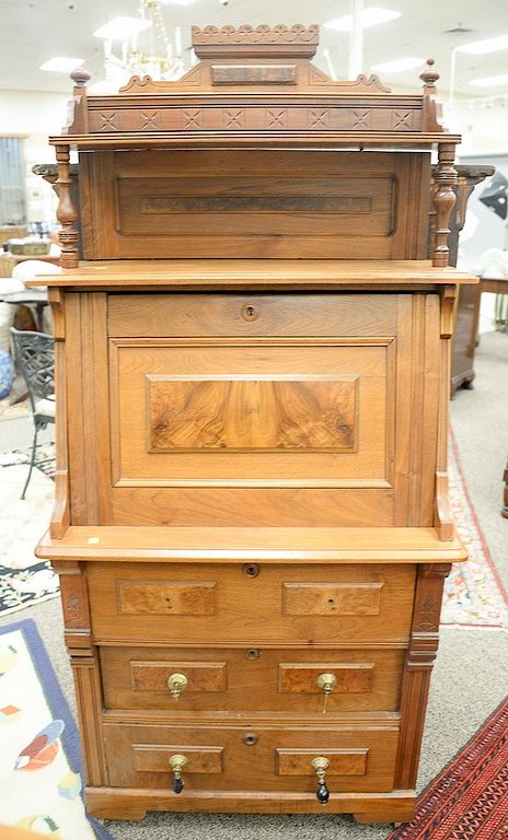 Appraisal: Walnut Victorian drop front desk with gallery back Walnut Victorian