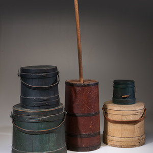 Appraisal: Four Painted Wood Firkins and a Wooden Butter Churn th