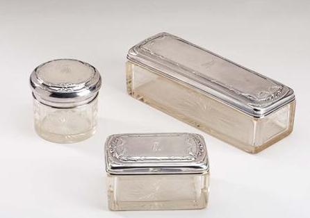 Appraisal: TWO GERMAN CUT-GLASS AND SILVER DRESSING TABLE BOXES AND A