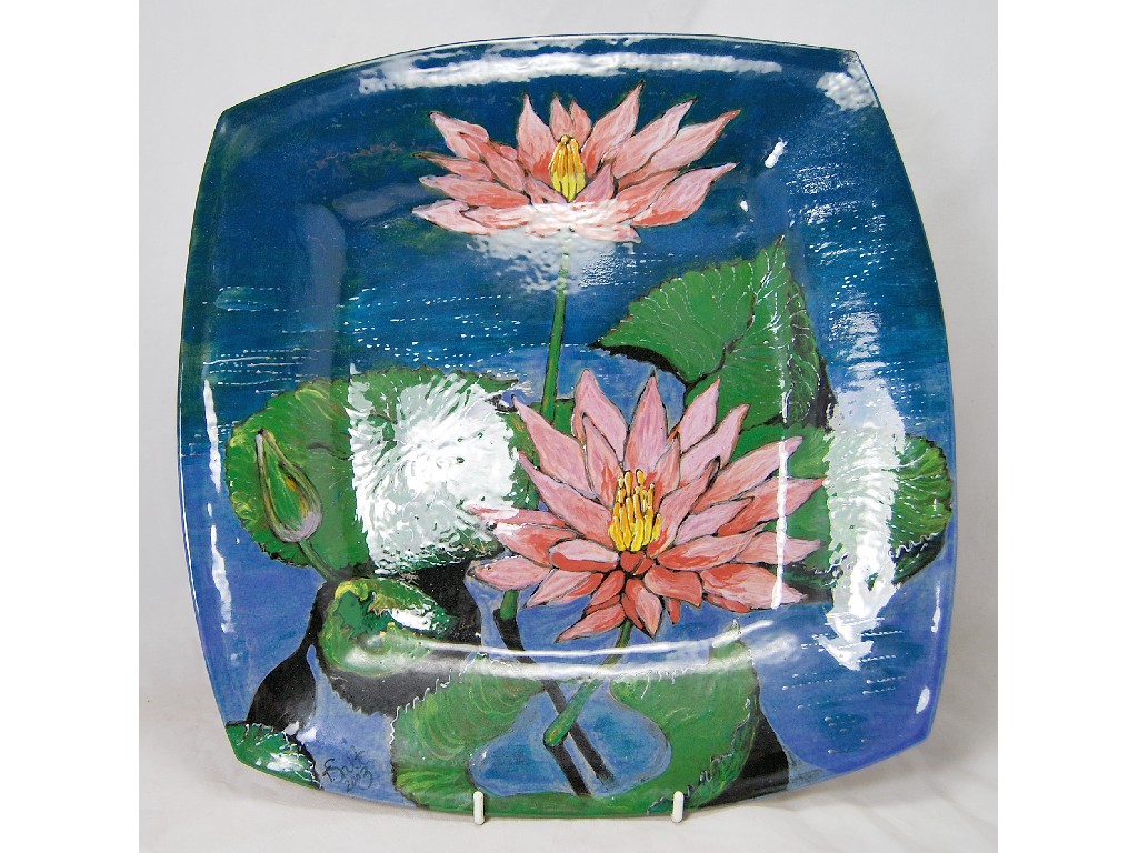 Appraisal: Tanya Saltmarshe - studio pottery square plate decorated with waterlilies