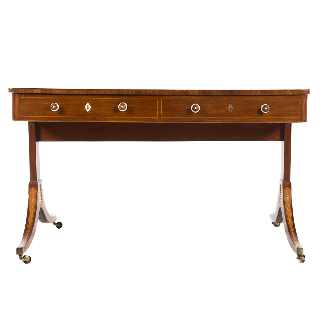 Appraisal: Regency inlaid mahogany library table circa flat top with banded