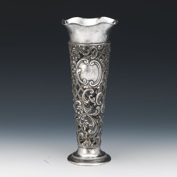 Appraisal: BAROQUE STYLE STERLING SILVER OPENWORK VASE Sterling silver vase with