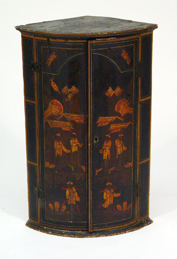 Appraisal: s black laquer hanging corner cabinet with Chinoiserie gilded decoration