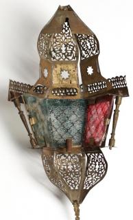 Appraisal: Moorish Stamped Openwork Brass Wall Light Having three colored glass