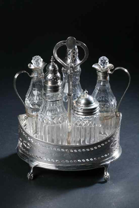 Appraisal: ASSEMBLED GEORGE III SILVER CRUET SET Date marks for Oval