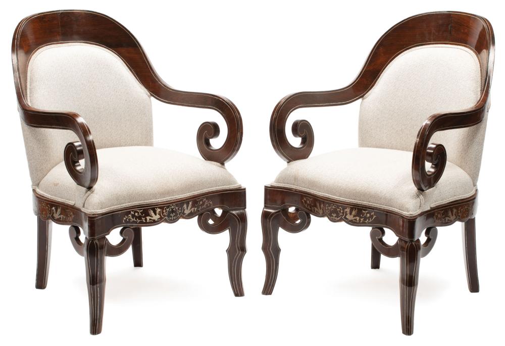 Appraisal: Pair of Charles X-Style Inlaid Mahogany Armchairs barrel back with