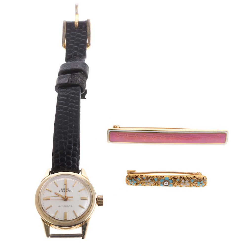 Appraisal: A Pair of Enamel Bar Pins and Watch in K