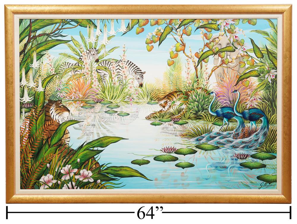 Appraisal: LARGE GUSTAVO NOVOA OIL PAINTING 'WATERING HOLE'Gustavo Novoa America France