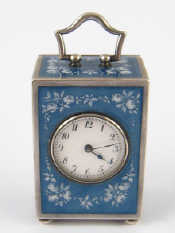 Appraisal: A French hallmarked silver and blue enamel miniature clock unascribed