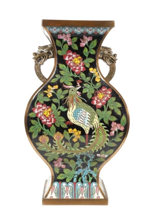 Appraisal: Cloisonn vase featuring phoenix floral design on a black ground