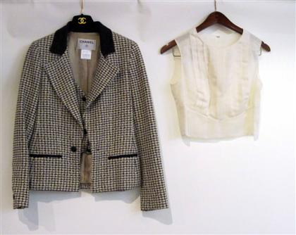 Appraisal: Cotton plaid knit blazer with cream colored shell ChanelBlack lapel