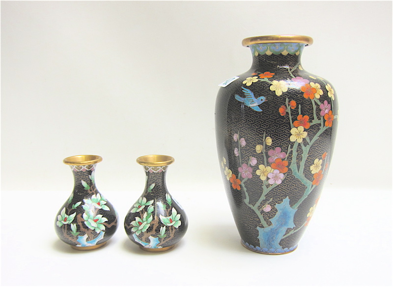 Appraisal: THREE CHINESE CLOISONNE VASES the largest with colorful bird and