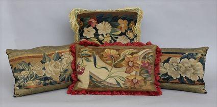 Appraisal: FOUR FLOWER-WORKED TAPESTRY-COVERED THROW PILLOW The pair x in x