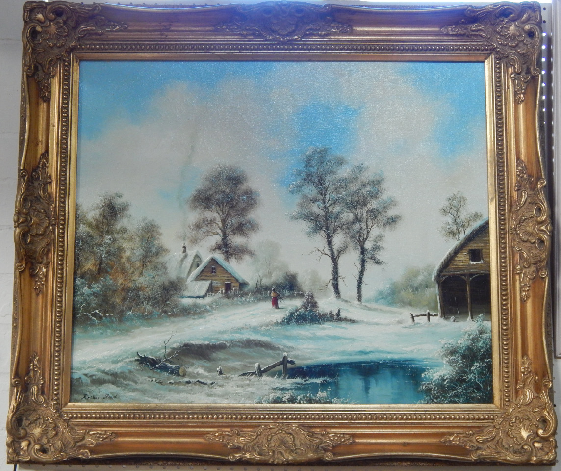 Appraisal: Arthur Read Winter scene with cottages and a lady gathering