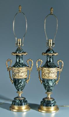 Appraisal: Pair ormolu mounted marble lamps green marble broad bands of