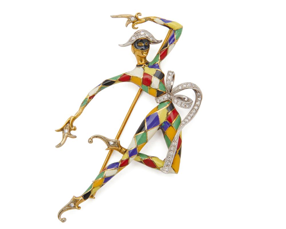 Appraisal: K Gold Diamond and Enamel Jester Brooch with multi-colored enamel