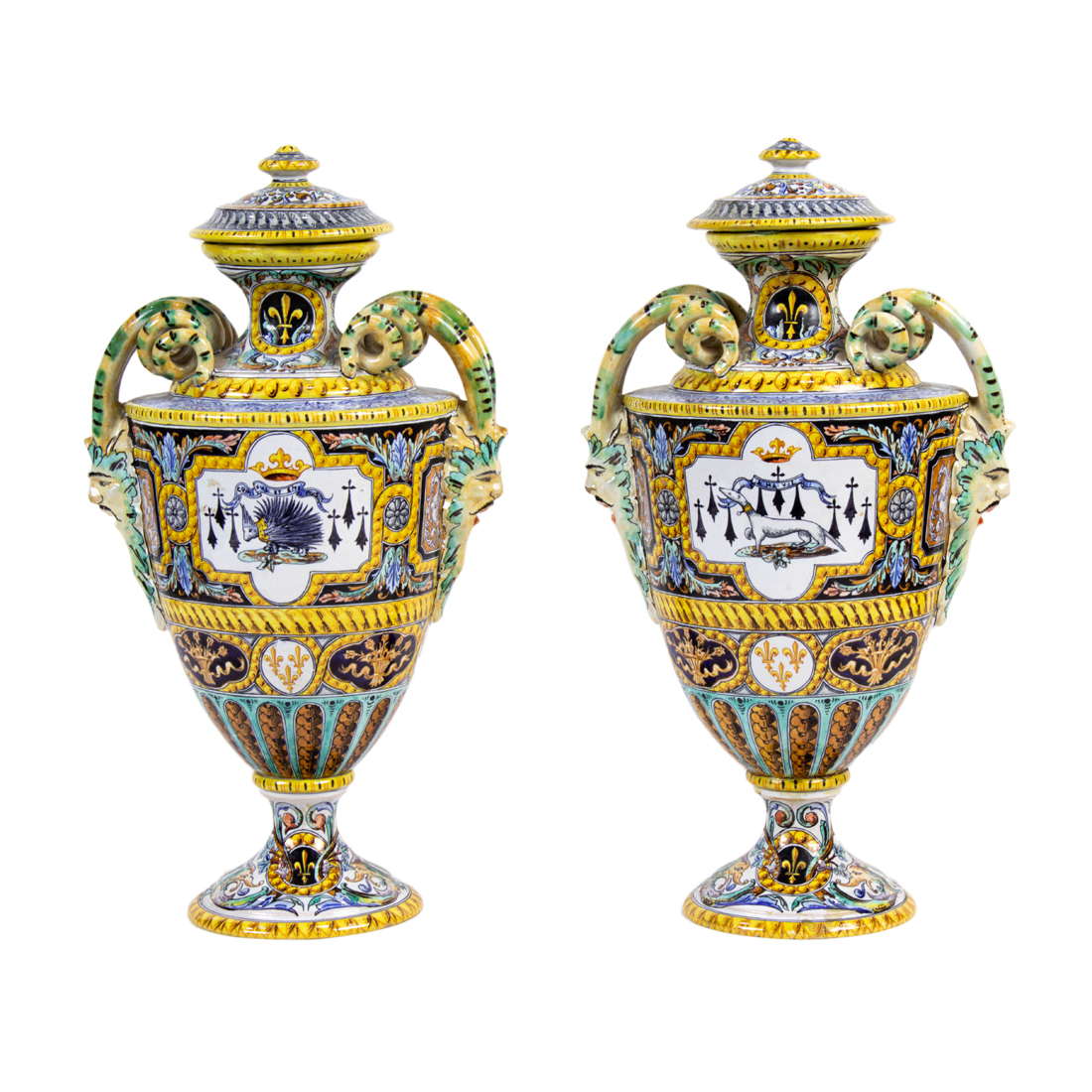 Appraisal: LOT OF PAIR OF FRENCH JOSAPHAT TORTAT FAIENCE URNS WITH