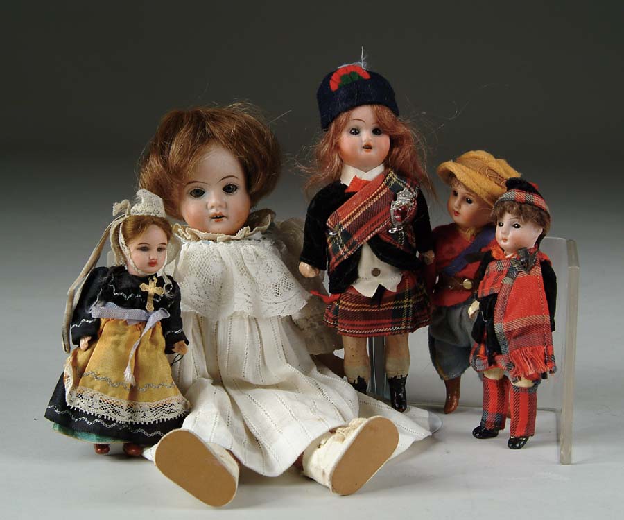 Appraisal: LOT OF FIVE SMALL BISQUE HEAD DOLLS Largest doll marked